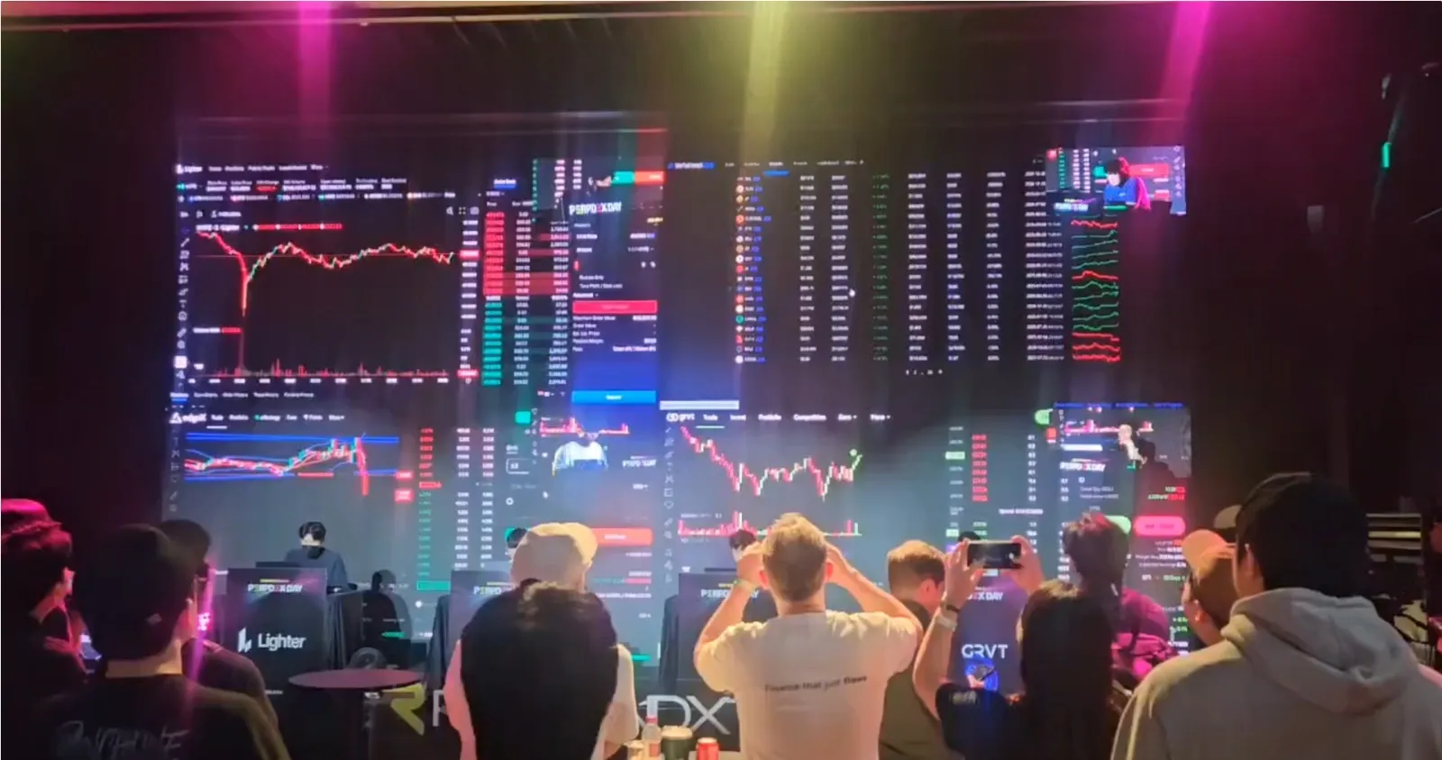 Audience watching a large digital screen displaying real-time cryptocurrency charts and trading data during a live trading event or competition