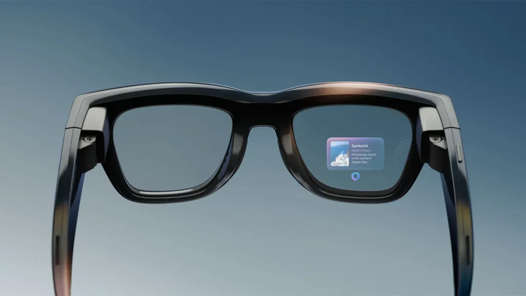 Close-up view of Meta Ray-Ban Display smart glasses showing AI screen in right lens