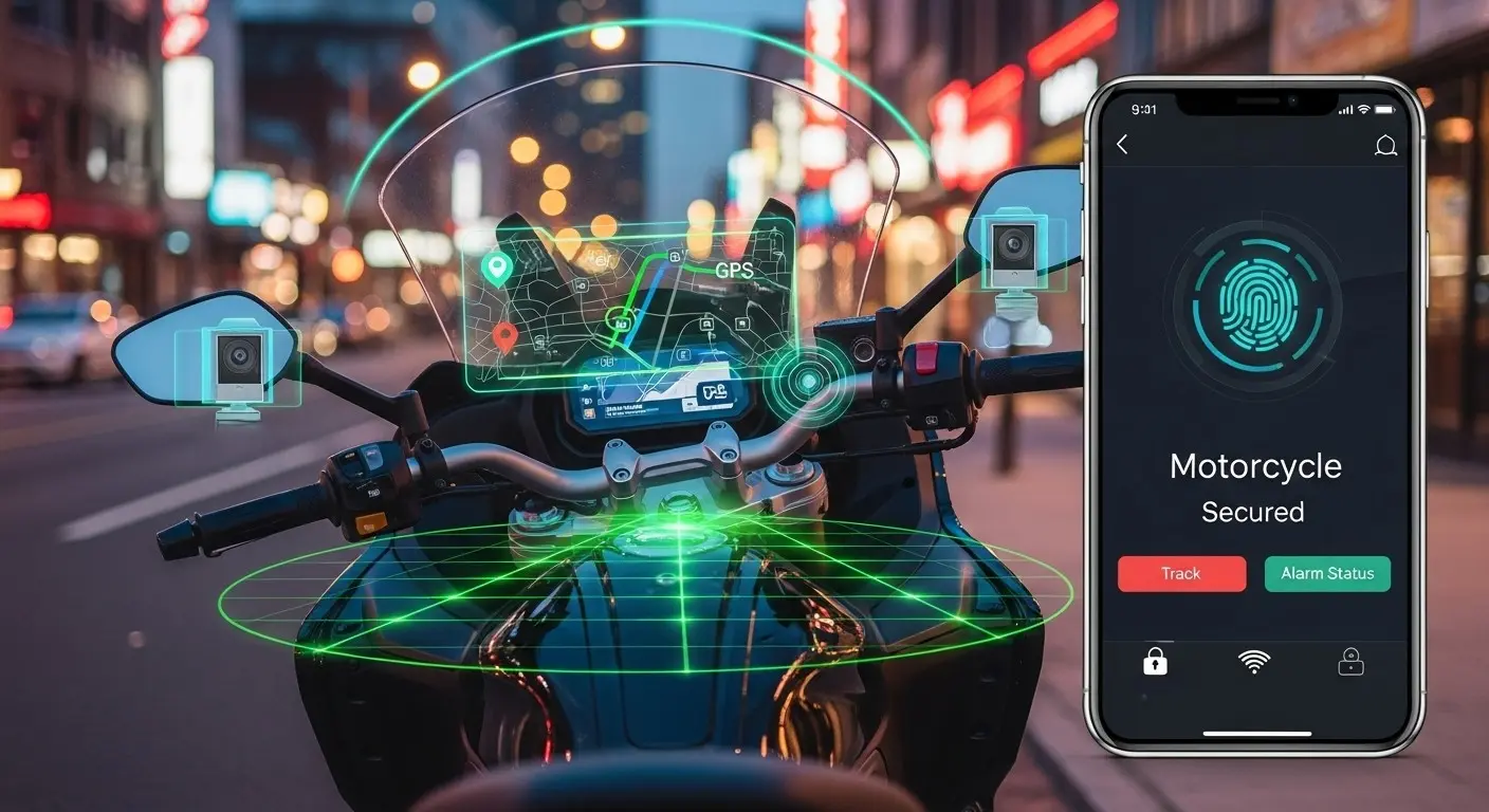 Paparan sistem keselamatan motosikal pintar dengan GPS dan aplikasi telefon