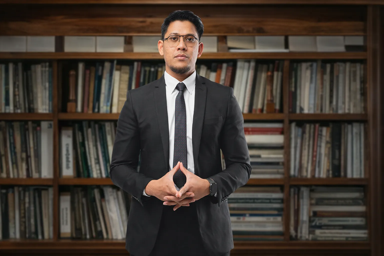 Sir Badang Ironman, seorang mentor digital Malaysia, berdiri dalam sut hitam, tali leher gelap bercorak putih, dan berkaca mata di hadapan rak buku yang penuh, menggenggam tangannya dengan serius.