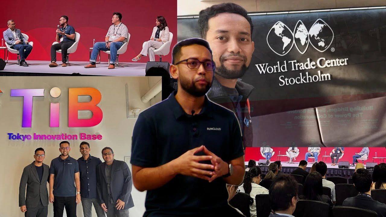 Seorang penceramah bercakap di atas pentas teknologi, bersama beberapa panel industri lain, dengan latar acara inovasi di Tokyo dan Stockholm