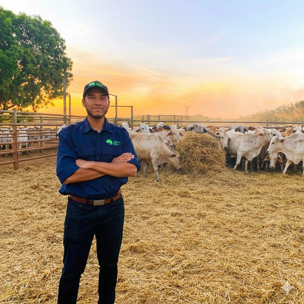 Seorang pengusaha ladang berdiri di hadapan ternakan lembu di kawasan penternakan dengan suasana matahari terbenam