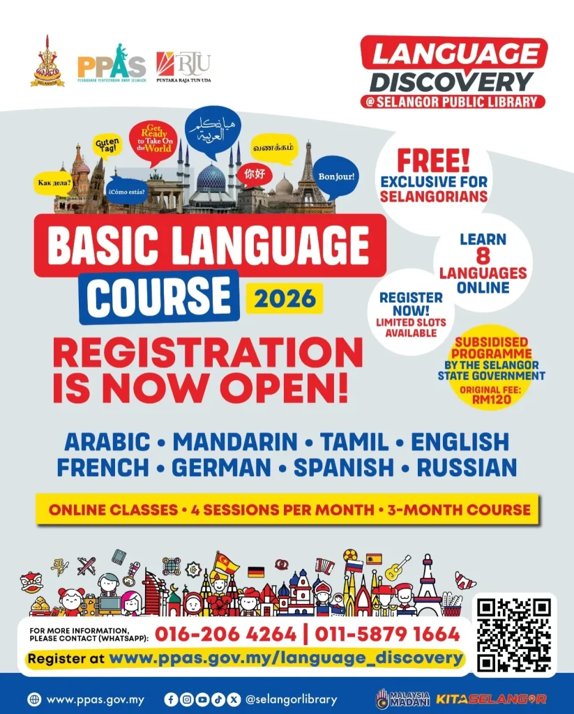 Poster Basic Language Course 2026 anjuran Selangor Public Library untuk warga Selangor