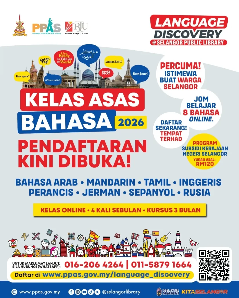 Poster Kelas Asas Bahasa Percuma 2026 dengan 8 pilihan bahasa antarabangsa