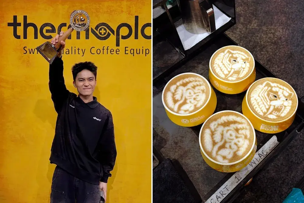 Jacky Chang dari Afloat Coffee Roaster meraikan kejayaan 1st Runner-Up World Latte Art Championship 2026 dengan rekaan latte art bertema haiwan
