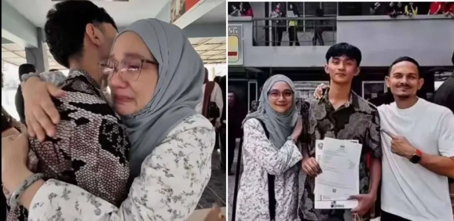 Anak Aidid Marcello memeluk ibu dan bergambar dengan keputusan SPM 8A 1B