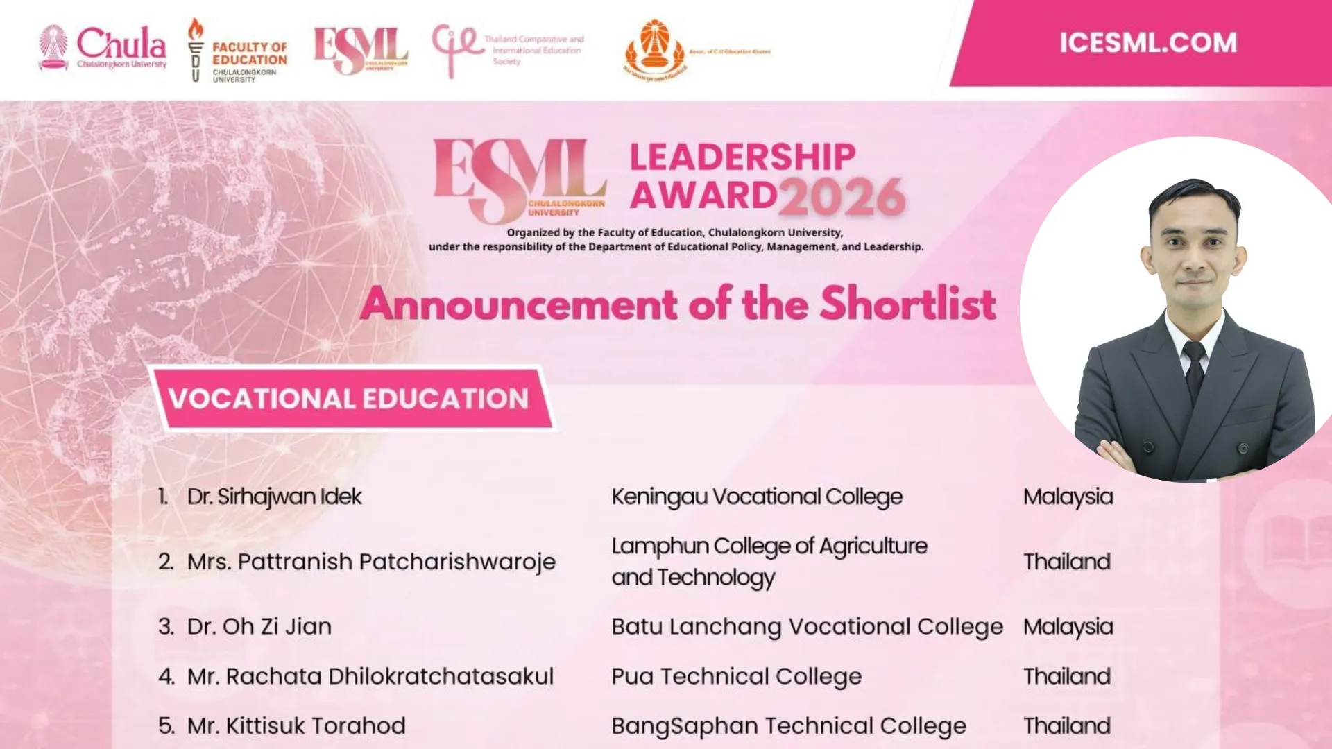 Dr. Sirhajwan Idek tersenarai penerima ESML Leadership Award 2026 oleh Chulalongkorn University Thailand