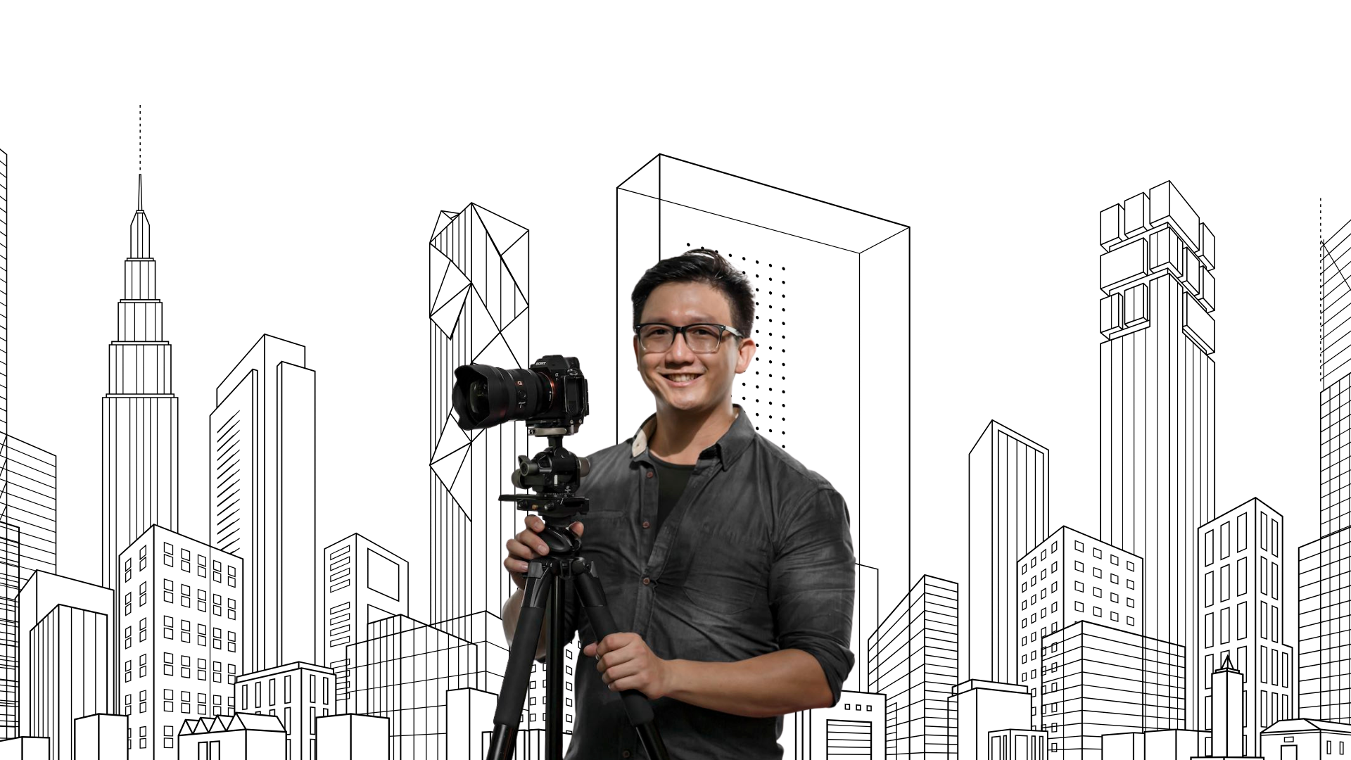 David Yeow, jurugambar seni bina Malaysia, bergambar bersama kamera DSLR dan tripod dengan latar ilustrasi bangunan moden bandar raya.