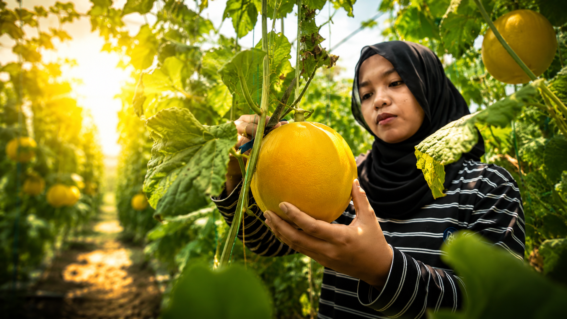 Wanita memetik Melon Manis Machang 3M di ladang fertigasi moden menggunakan konsep Pick and Pay di Kelantan