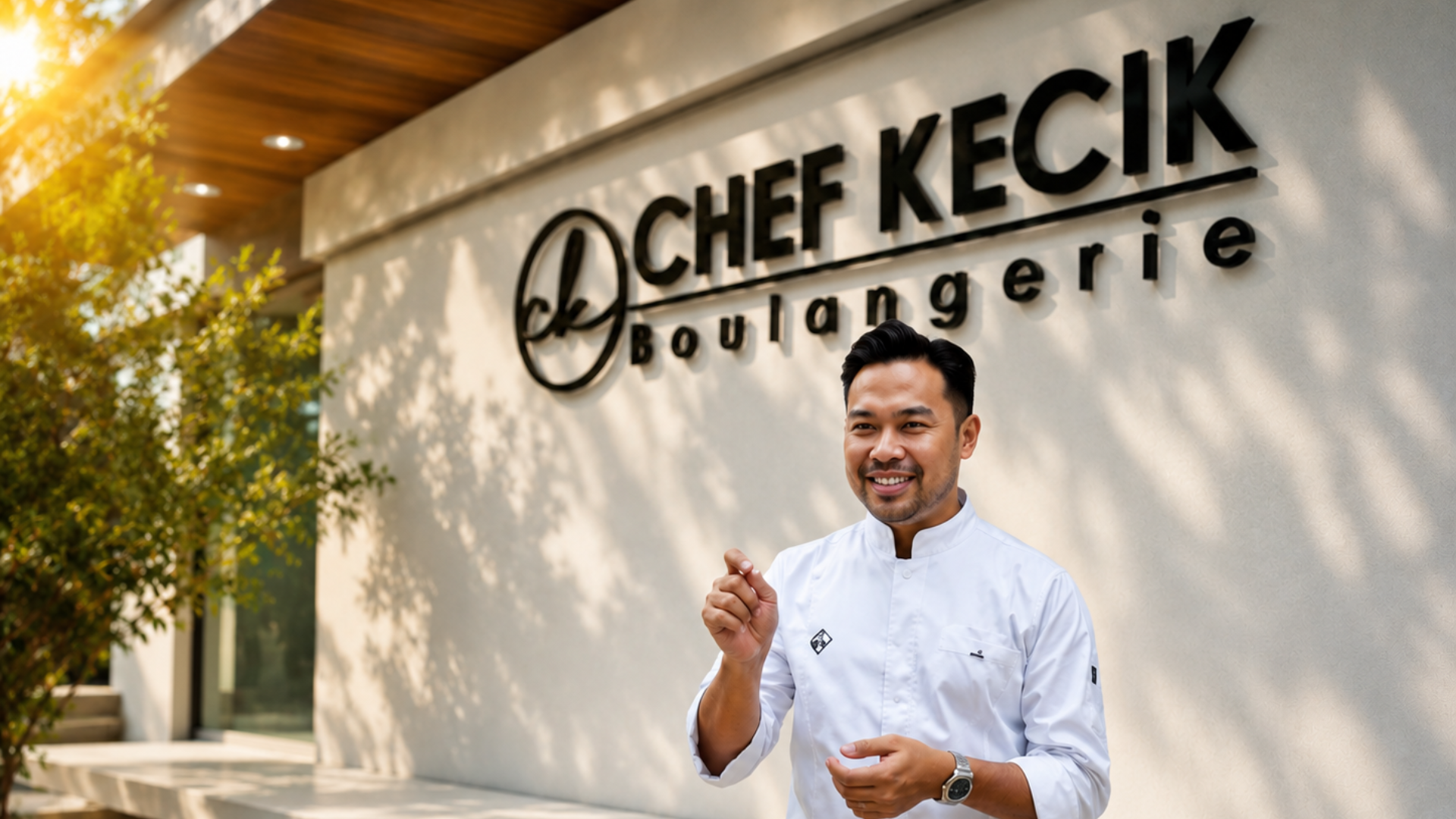 Muhamad Rahmat bin Bahauddin berdiri di hadapan Chef Kecik Boulangerie sambil tersenyum memakai uniform chef putih