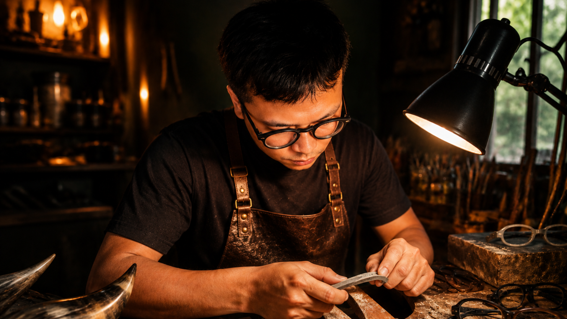 Rafiq Karim menghasilkan cermin mata handmade daripada tanduk kerbau di bengkel kraf tempatan