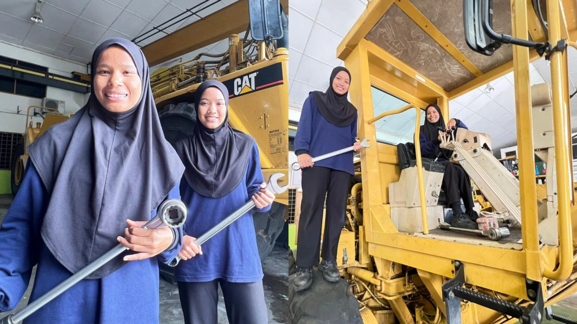 Nuur Adila dan Siti Nur Afiqah, digelar “Mek Sepana”, bergambar sambil memegang sepana dan mengendalikan jentera berat CAT di IKTBN Bachok.