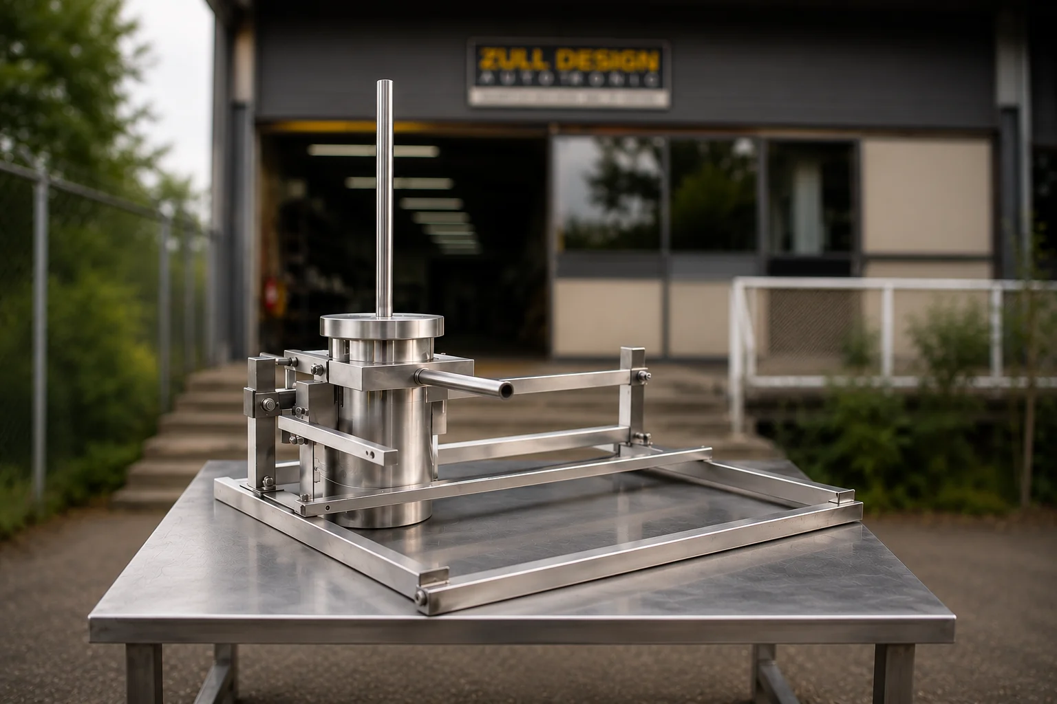 Mesin cekodok automatik keluli tahan karat dipamerkan di atas meja di hadapan bengkel Zull Design Autotronic dengan latar belakang kabur dan fokus pada mesin.