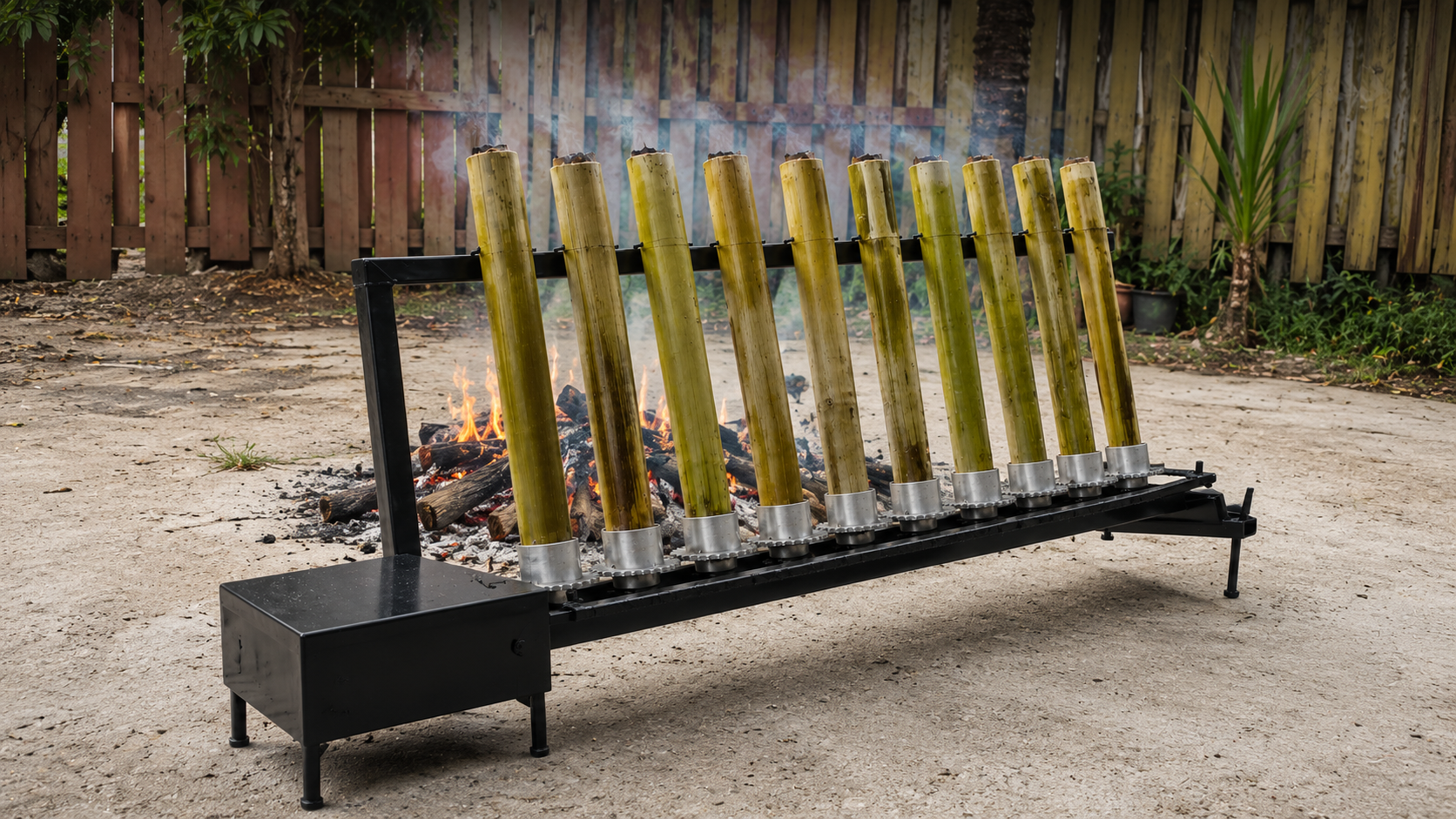 Mesin lemang automatik ZDA dengan susunan buluh lemang pada rangka besi berputar untuk proses pembakaran lebih sekata