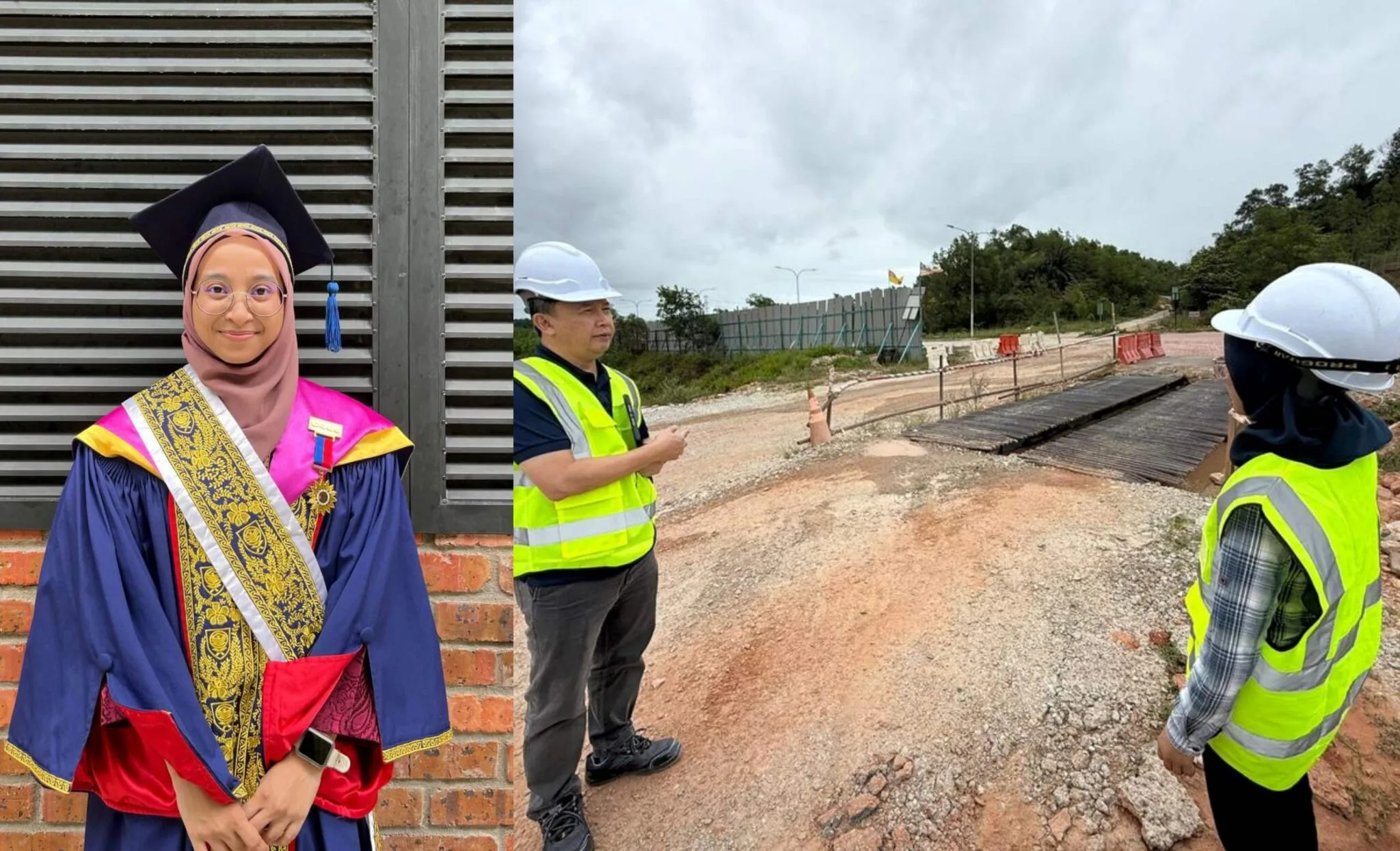 Nur Izzmirza Mohsin graduan TVET Politeknik bergambar sempena konvokesyen dan menjalankan tugas pemantauan alam sekitar di tapak pembinaan