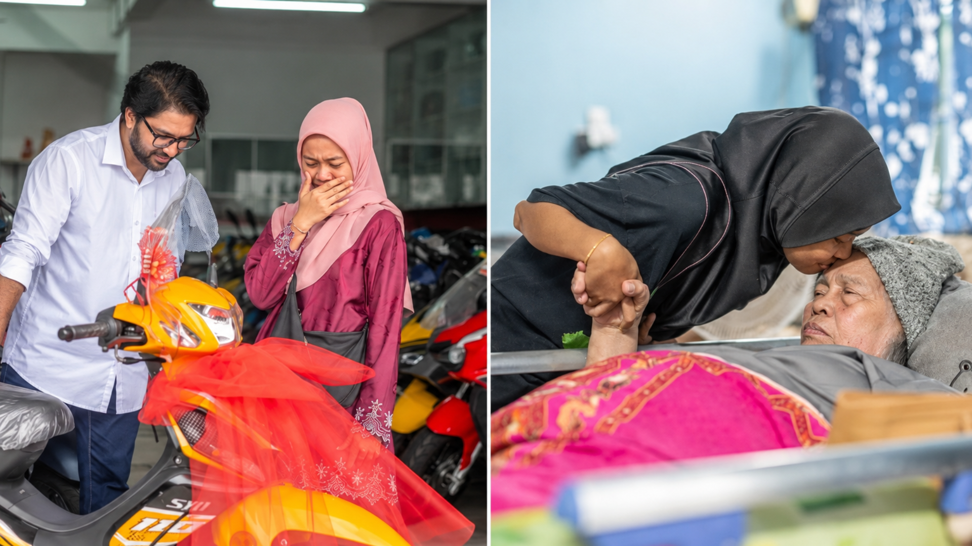 Seorang remaja sebak menerima hadiah motosikal baharu sambil ditemani seorang lelaki di dalam ruang pameran motosikal dalam suasana penuh emosi dan harapan.